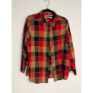 Serengeti Patchwork Red Black Green Plaid Cotton Button-Down Short Plus 1X